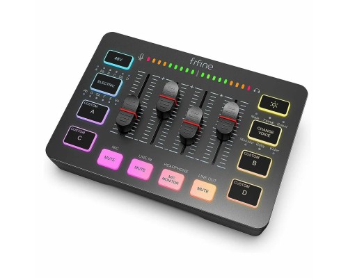 FIFINE Ampligame SC3 Gaming USB Mixer with XLR/headset input, monitoring, line in/out, faders, mute/voice effect/sample