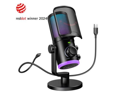 Fifine Ampligame AM6 condenser mic with game/chat mix, noise suppression, monitoring, I/O level & RGB controls