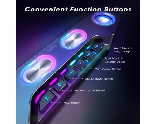 Fifine Ampligame A16 Bluetooth speaker with built-in battery, volume/music/RGB controls, EQ switch for gaming, music, videos