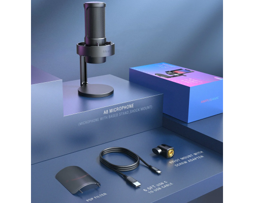 Fifine Ampligame A8 USB microphone with controllable RGB, live monitoring, input dial, pop filter for streaming