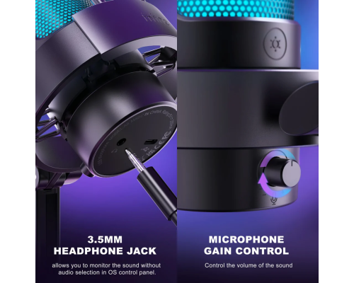 Fifine Ampligame A8 USB microphone with controllable RGB, live monitoring, input dial, pop filter for streaming