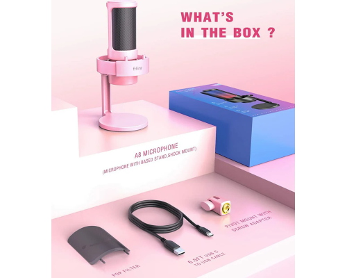 Fifine Ampligame A8 USB microphone with controllable RGB, live monitoring, input dial, pop filter for streaming