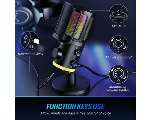 Fifine Ampligame AM6 condenser mic with game/chat mix, noise suppression, monitoring, I/O level & RGB controls