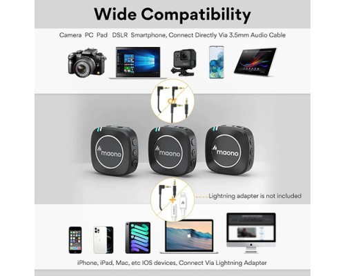 Maono WM820 A2 Real-time Monitoring and Mute 2-Person Wireless Microphone